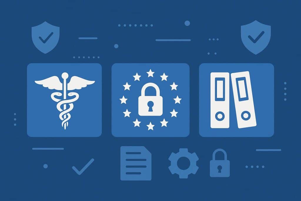 Compliance icons representing HIPAA, GDPR, and SOX data privacy and security regulations
