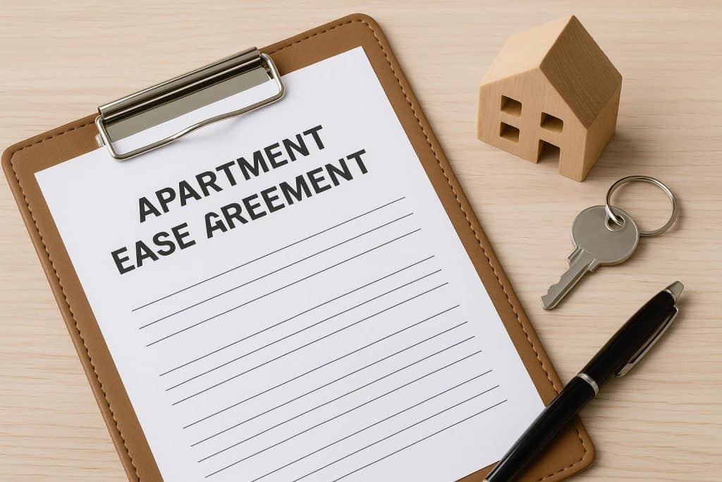 Hand holding pen signing apartment lease agreement with keys on table for tenants guide