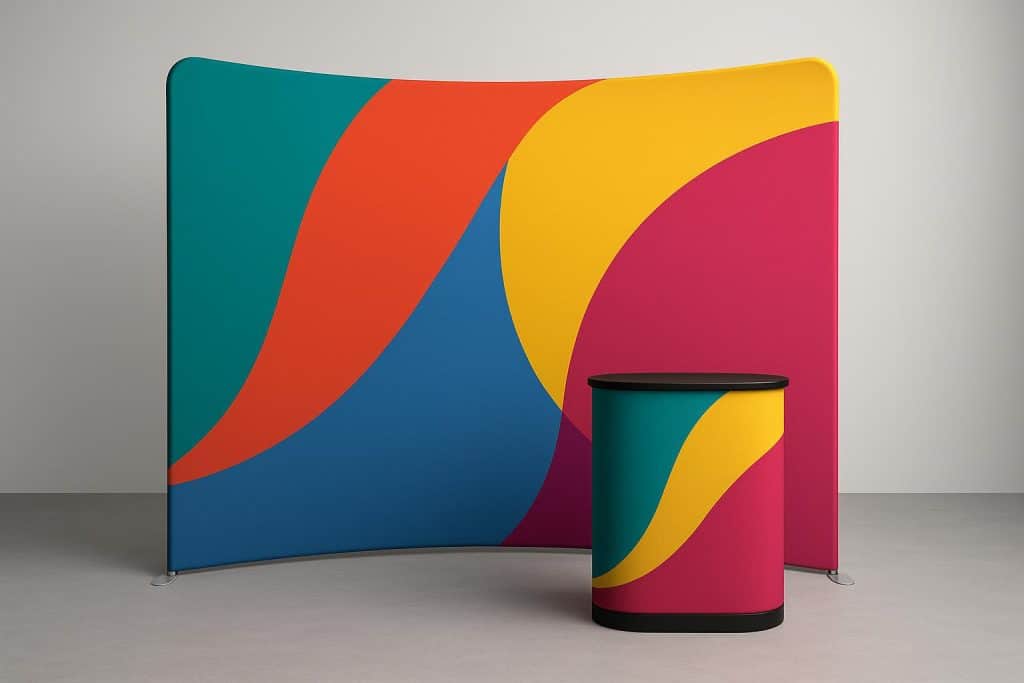 Fabric display booths showcasing vibrant graphics at a trade show for quick-ship exhibit solutions