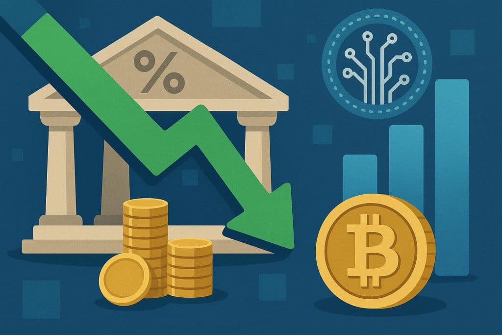Visualization of interest rate cuts impacting digital assets with Optima Global branding elements