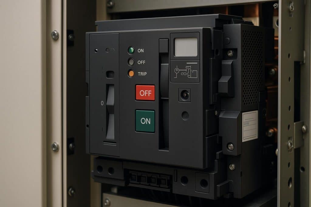 Modern air circuit breaker panel with labeled components showcasing ACB replacement benefits
