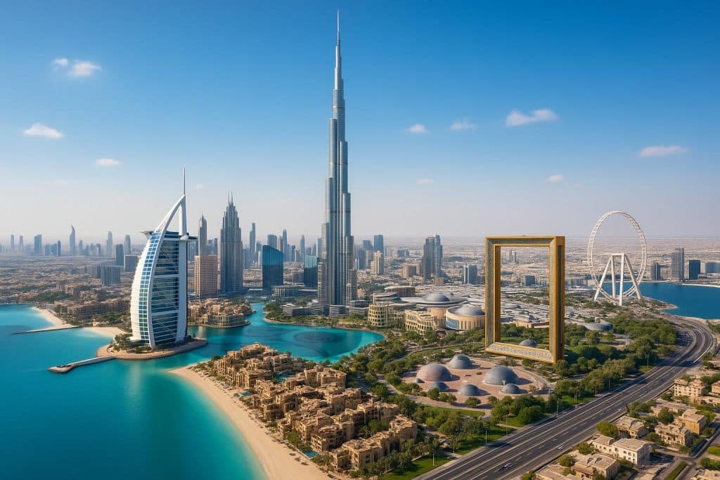 Dubai skyline featuring Burj Khalifa and iconic landmarks under a bright blue sky