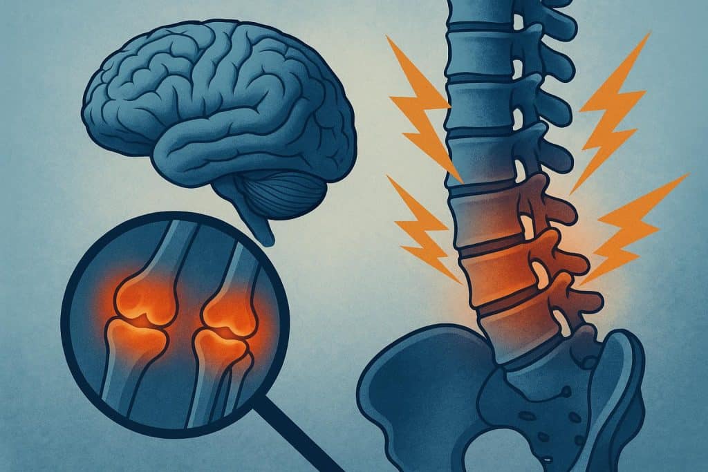 Medical illustration highlighting chronic pain research and diagnosis breakthroughs with data charts