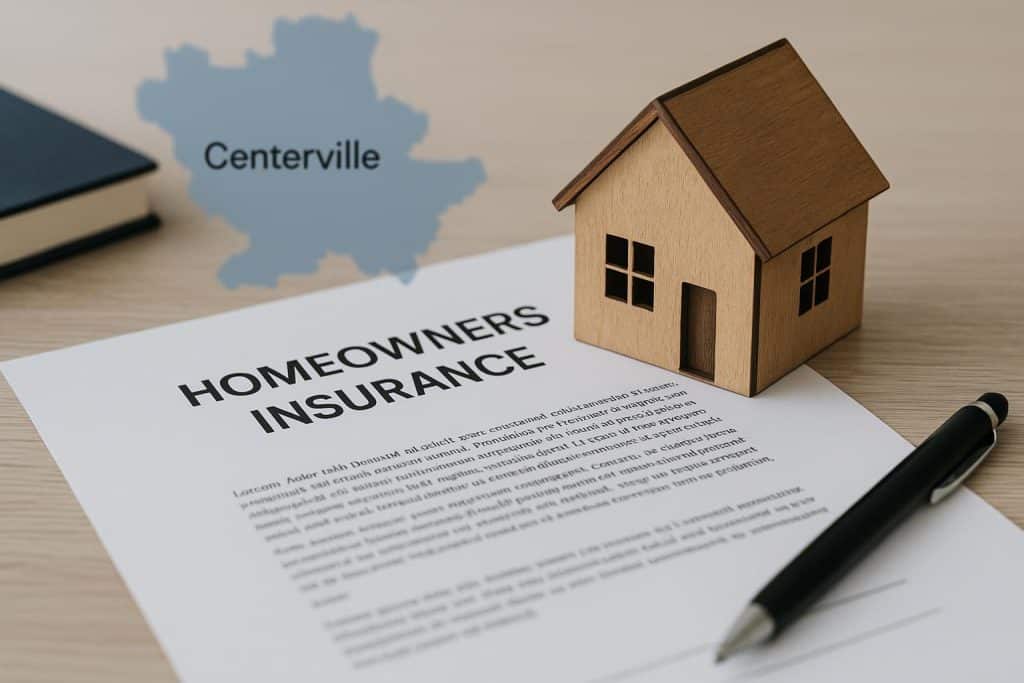 Centerville suburban house with insurance policy documents, representing homeowners insurance coverage