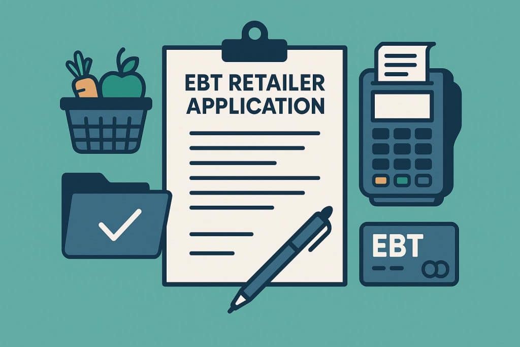 EBT retailer application process with forms, cards, and store setting for business owners