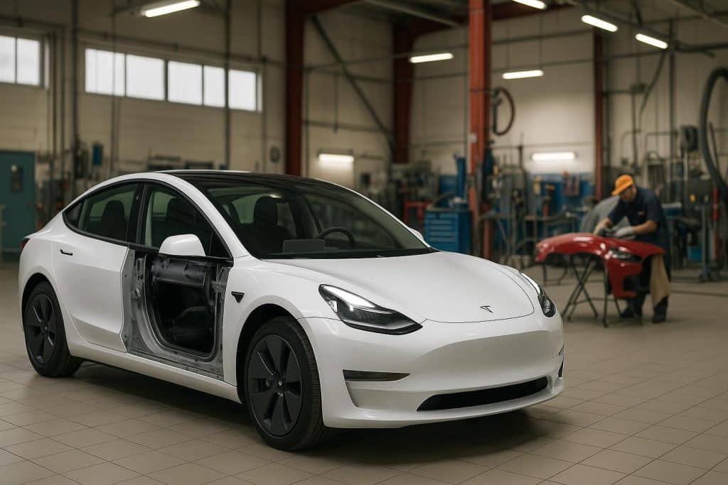 Tesla vehicle undergoing repair at a certified Los Angeles body shop for quality service