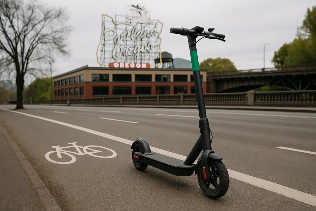 Electric scooters on Portland street highlighting safety and liability concerns for riders