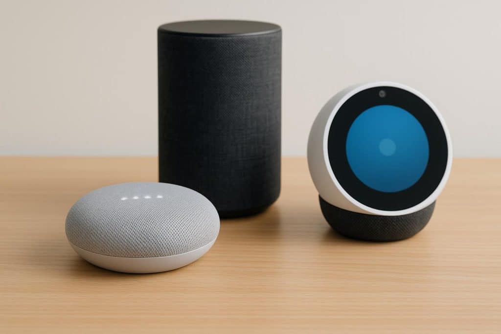 Various affordable smart speakers and voice assistants displayed on a modern home table