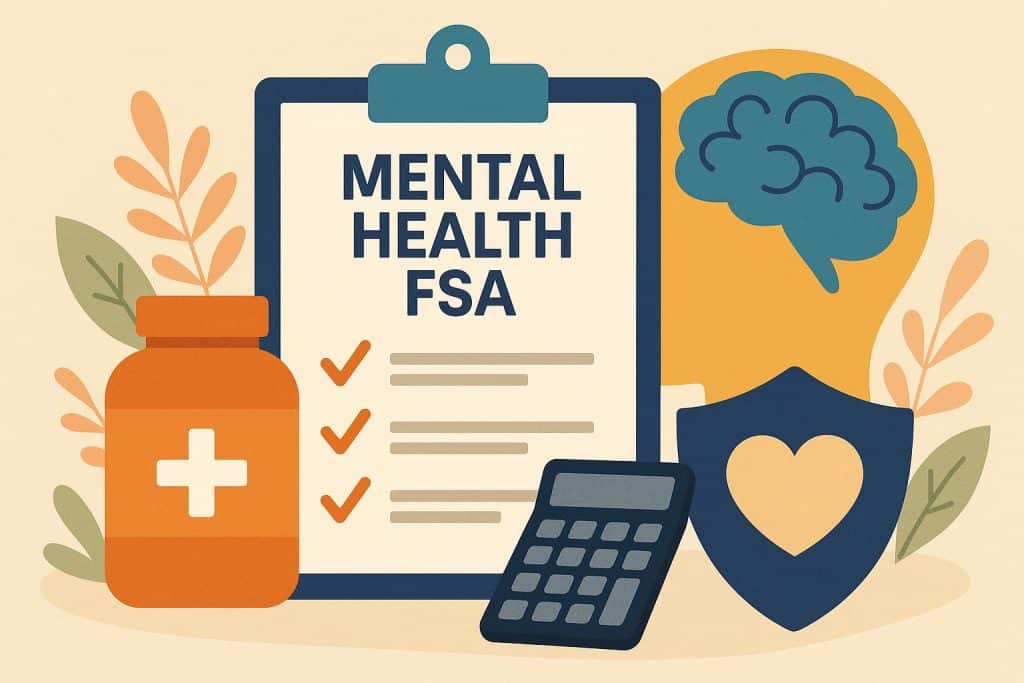 Workplace wellness concept with mental health icons and financial symbols representing FSA benefits