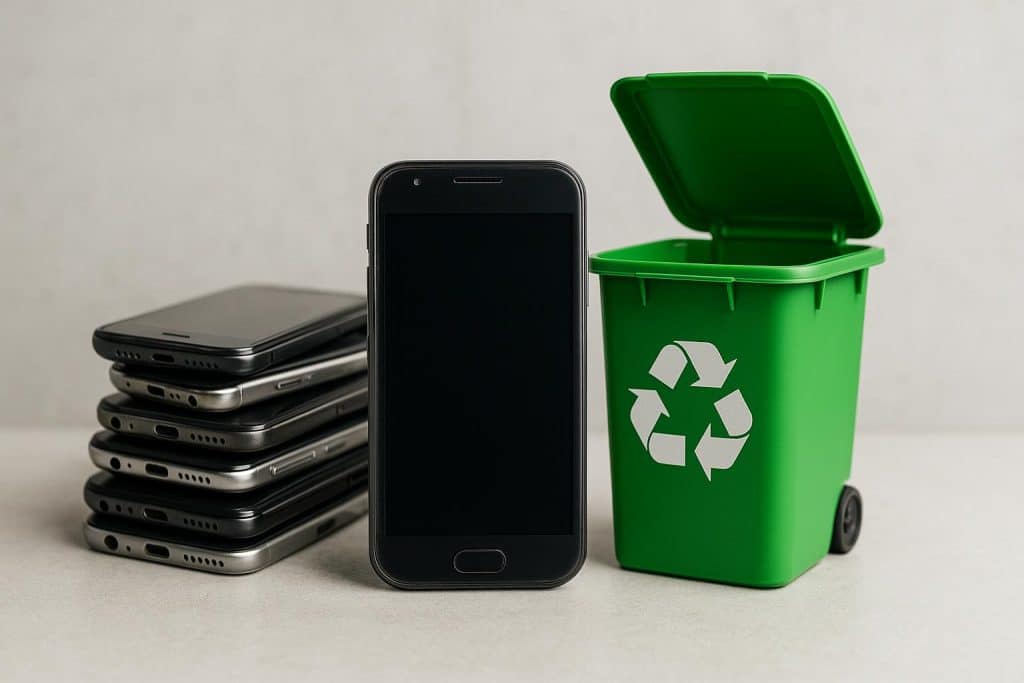 Old smartphones stacked for recycling, promoting electronic waste reduction and sustainability.