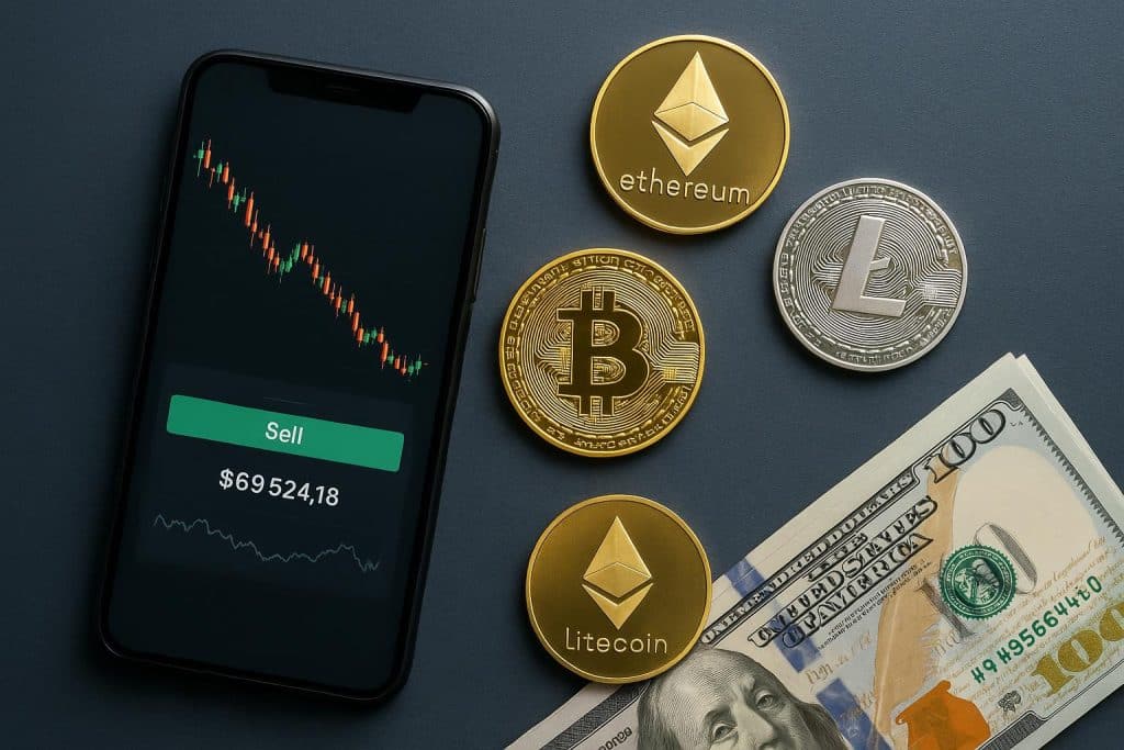 Cryptocurrency coins and laptop illustrating secure and profitable cryptocurrency selling process