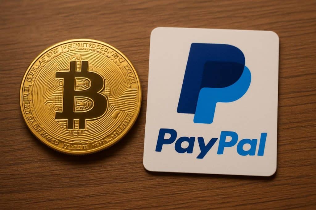 Bitcoin coin and PayPal logo representing buying BTC with PayPal for cryptocurrency transactions