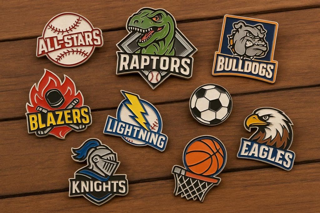 Custom trading pins displayed at youth sports event, showcasing variety in designs and team logos