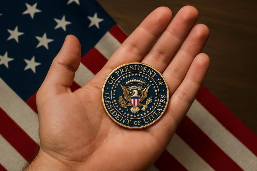 Close-up of presidential challenge coins displaying intricate designs and official emblems