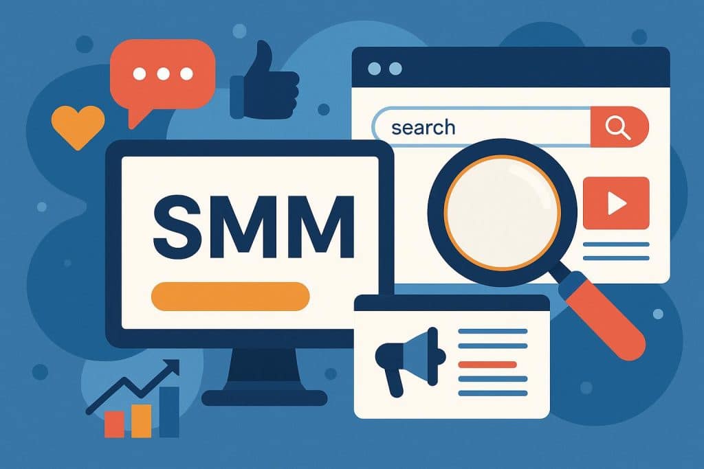 Social media marketing dashboard with analytics charts and modern search platform interface