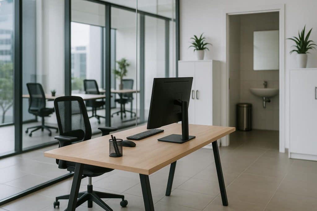 Modern Dubai office with clean desks, clear windows, and spotless washrooms promoting productivity