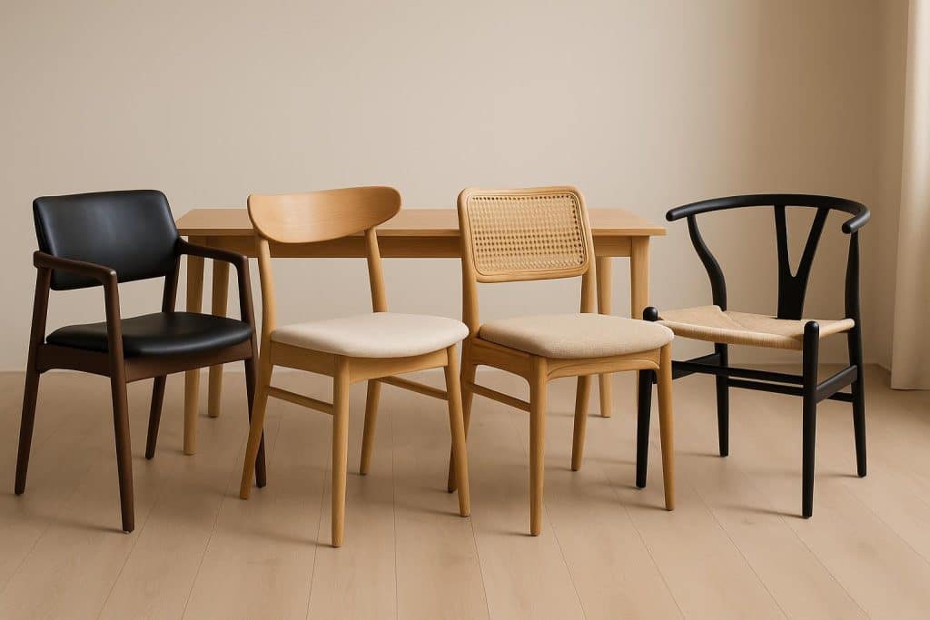 Modern dining chairs arranged around a wooden table in a contemporary dining room setting