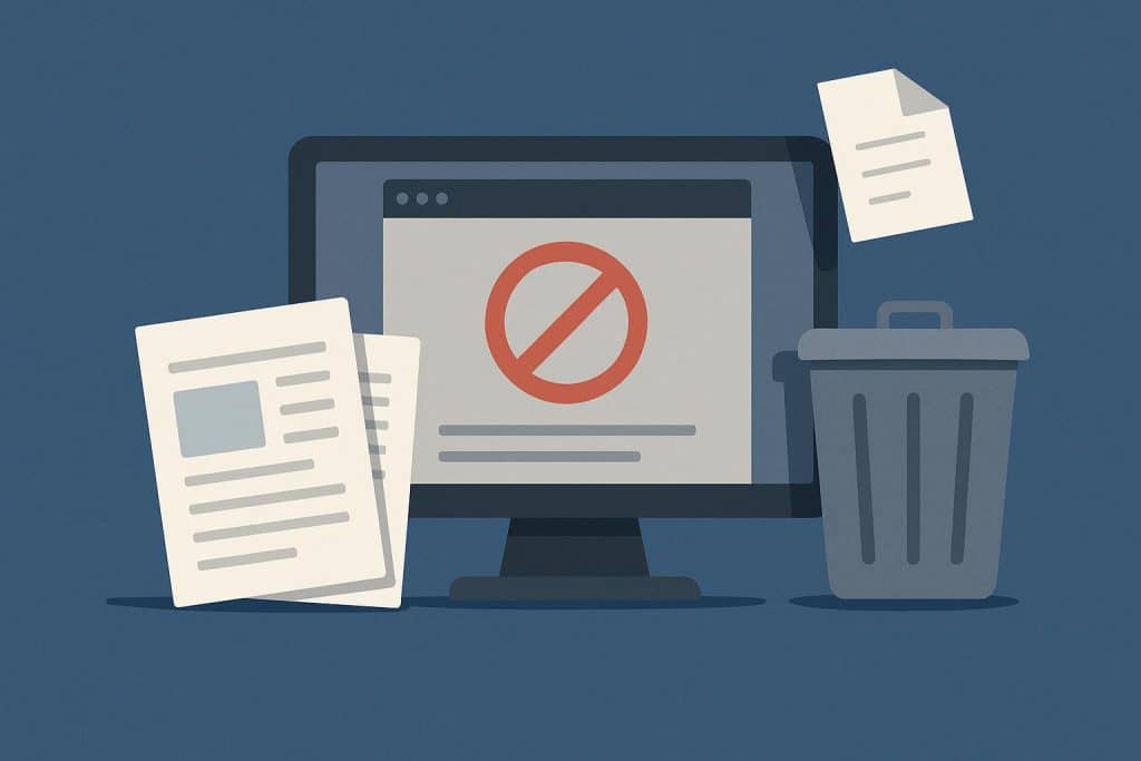 Laptop screen displaying webpage deletion icons and removal notifications for content takedown