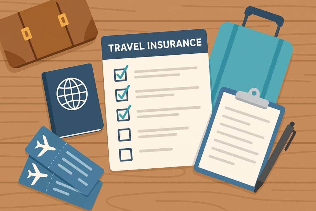 Travel insurance claim process illustration with documents, forms, and travel essentials