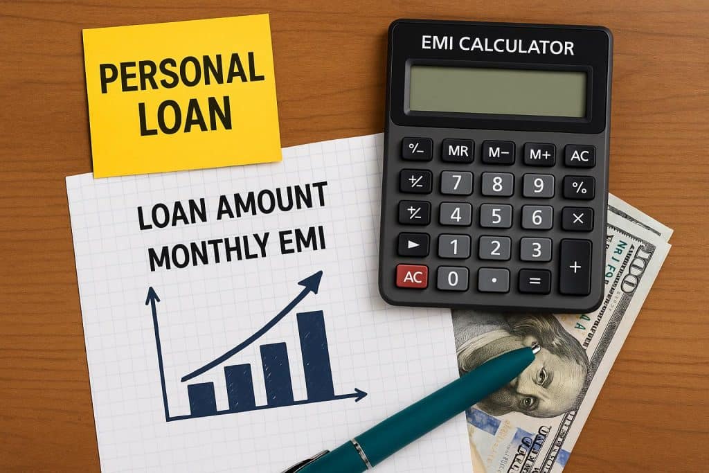 Personal loan EMI calculator interface displaying loan amount, interest rate, and repayment schedule