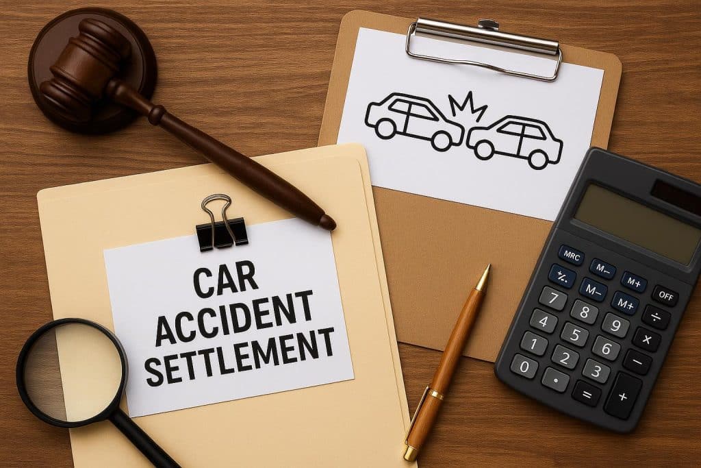 Car accident scene with damaged vehicles, illustrating insurance settlement and claim estimation
