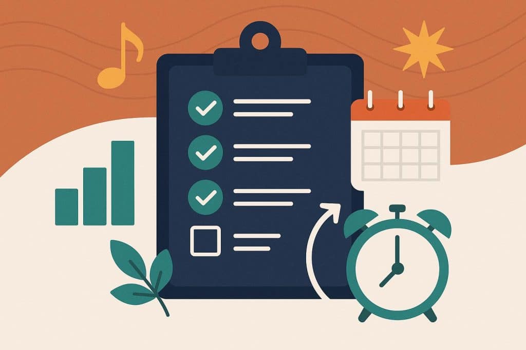 Colorful calendar and checklist with rhythm-themed icons illustrating effective daily habit building