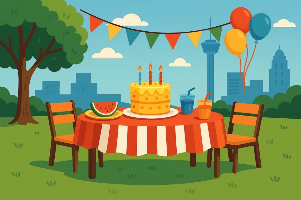 Colorful outdoor summer birthday party setup with balloons, cake, and festive decorations in San Antonio