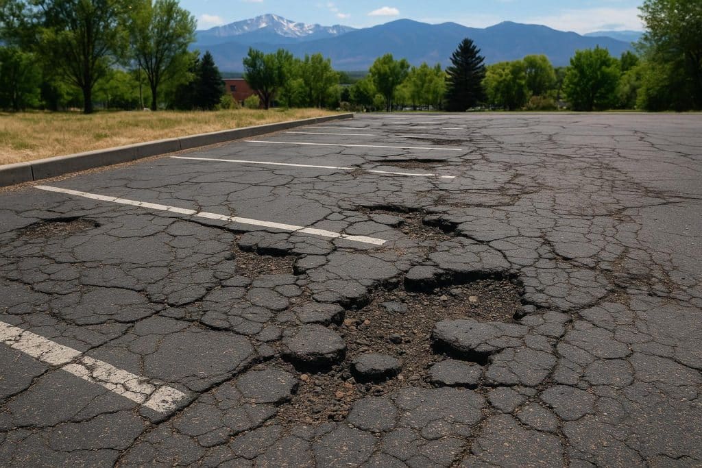 Cracked asphalt and potholes in a Colorado Springs parking lot needing urgent repair
