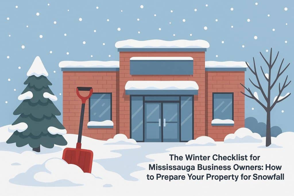 Snow-covered Mississauga storefront with shoveled walkway and winter property maintenance tools