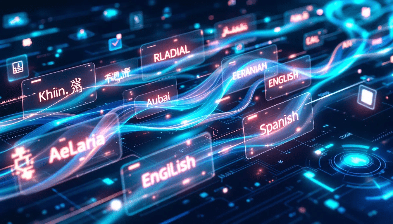 The image depicts a dynamic visualization of content flowing through advanced AI translation systems, showcasing the simultaneous processing of multiple languages. This representation highlights the capabilities of AI translation tools in handling complex language tasks, emphasizing the efficiency and scalability of AI compared to traditional human translation methods.