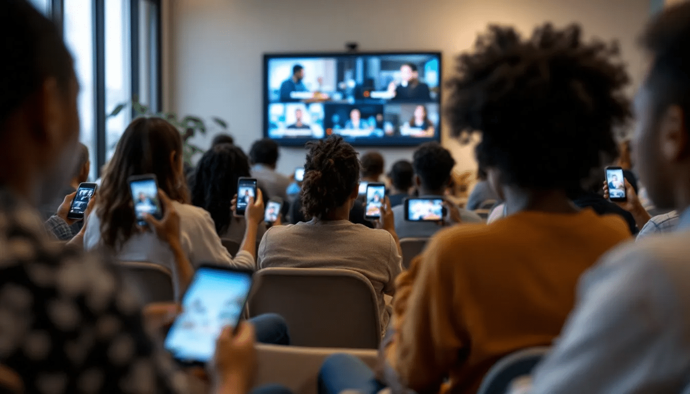 A diverse international audience is engaged in watching the same video content, with various language subtitles displayed on the screen, highlighting the importance of both AI translation tools and human translators in breaking language barriers and providing accurate translations for a global audience. This scene illustrates the effectiveness of translation technology in catering to multiple languages and cultural nuances.