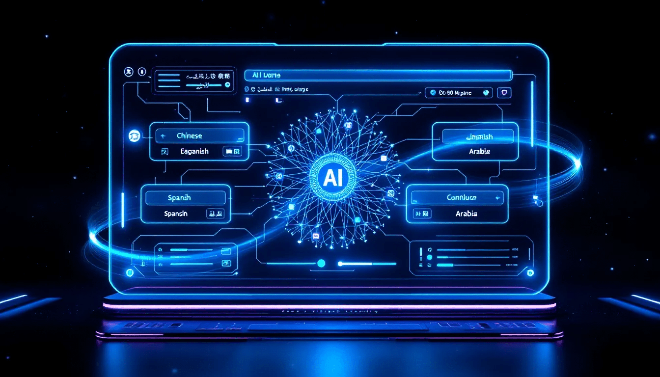 The image depicts a futuristic technology interface showcasing advanced AI translation capabilities, featuring dynamic visual elements that represent continuous learning systems and neural machine translation. This interface highlights the contrast between AI translation tools and human translators, emphasizing the potential for high-quality translations across multiple languages while addressing cultural nuances and context.