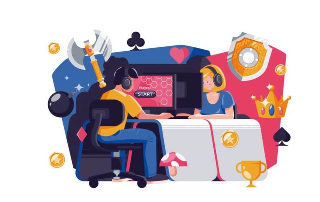 Illustration of two gamers sitting at desks playing video games, surrounded by gaming icons like coins, trophies, cards, and in-game rewards. The image highlights a competitive gaming environment with a stylish, modern design.