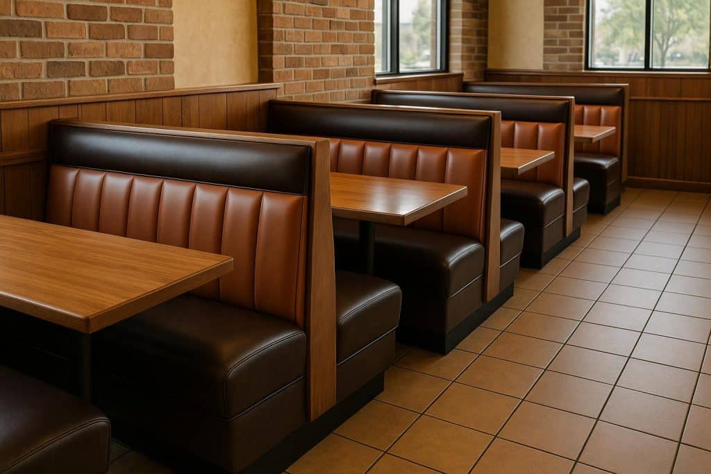 Classic leather restaurant booths with wooden tables in a cozy dining area