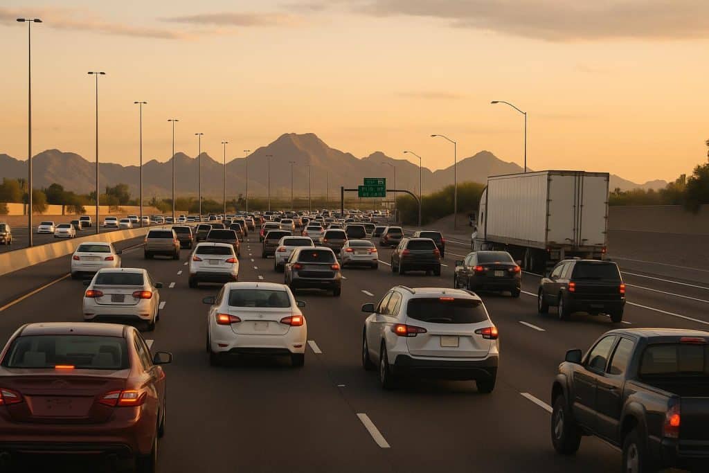 Heavy traffic congestion on Phoenix freeway during rush hour under clear desert sky