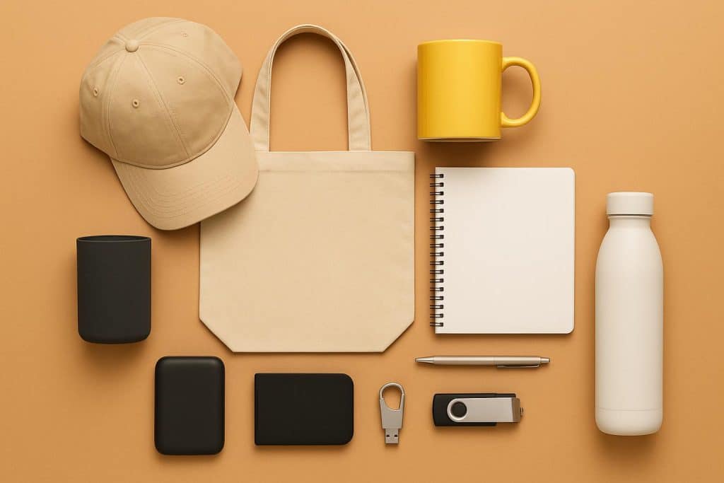 Assorted promotional products including tote bags, mugs, USB drives, and pens on display
