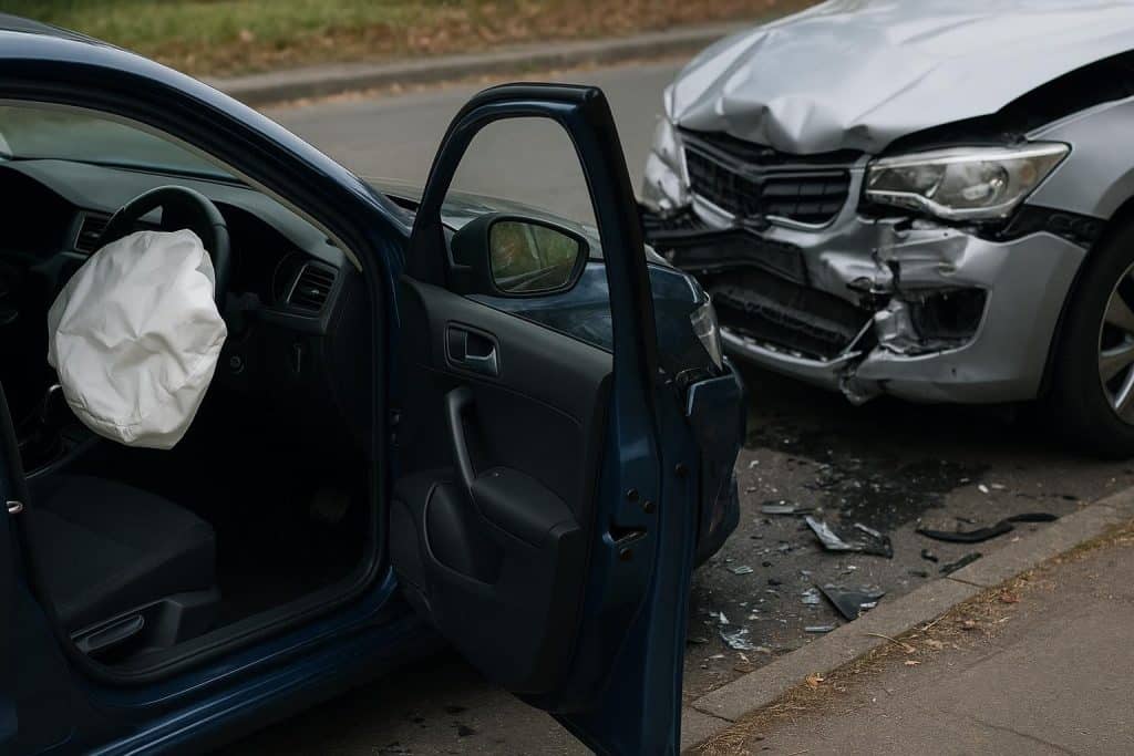 Car interior with deployed airbags highlighting consequences of delayed airbag activation in accidents