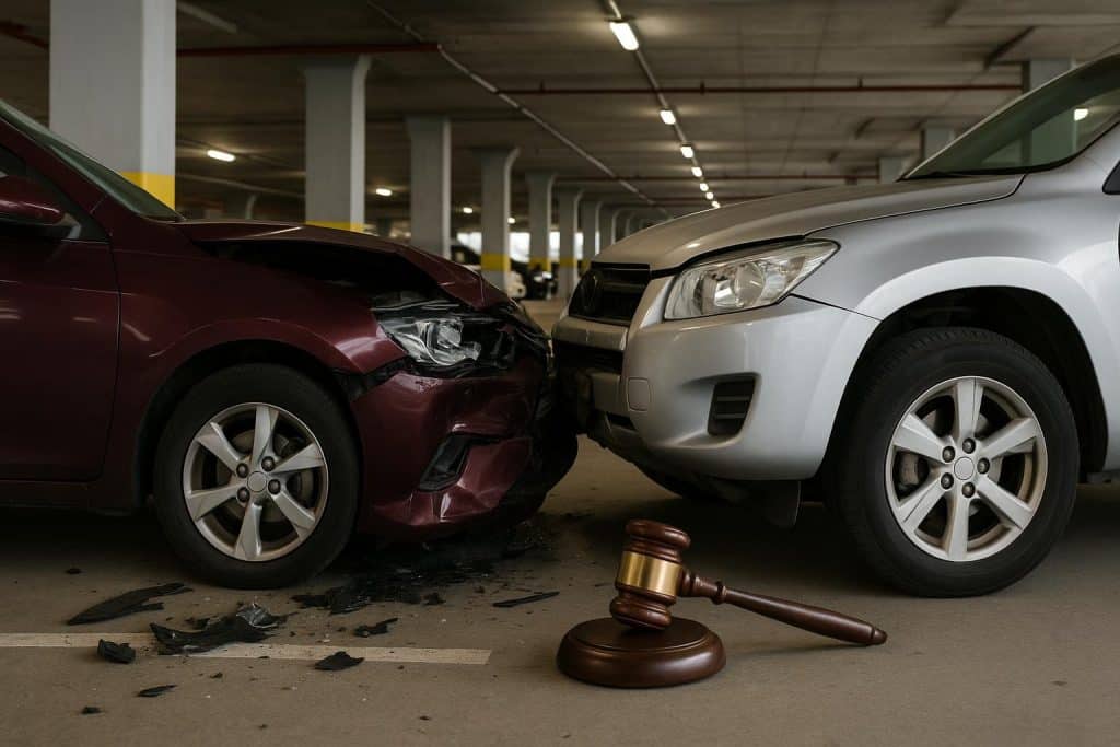 Damaged cars after collision inside a multi-level parking garage highlighting legal complexities
