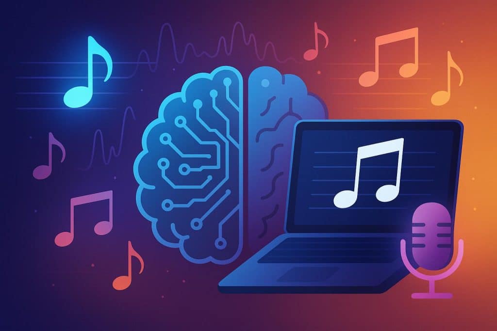 Abstract visual of digital sound waves and AI technology symbolizing AI-powered music creation
