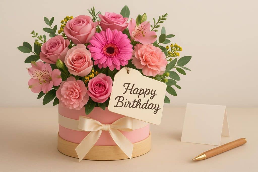 Colorful personalized birthday flower arrangement with custom gift card and festive wrapping
