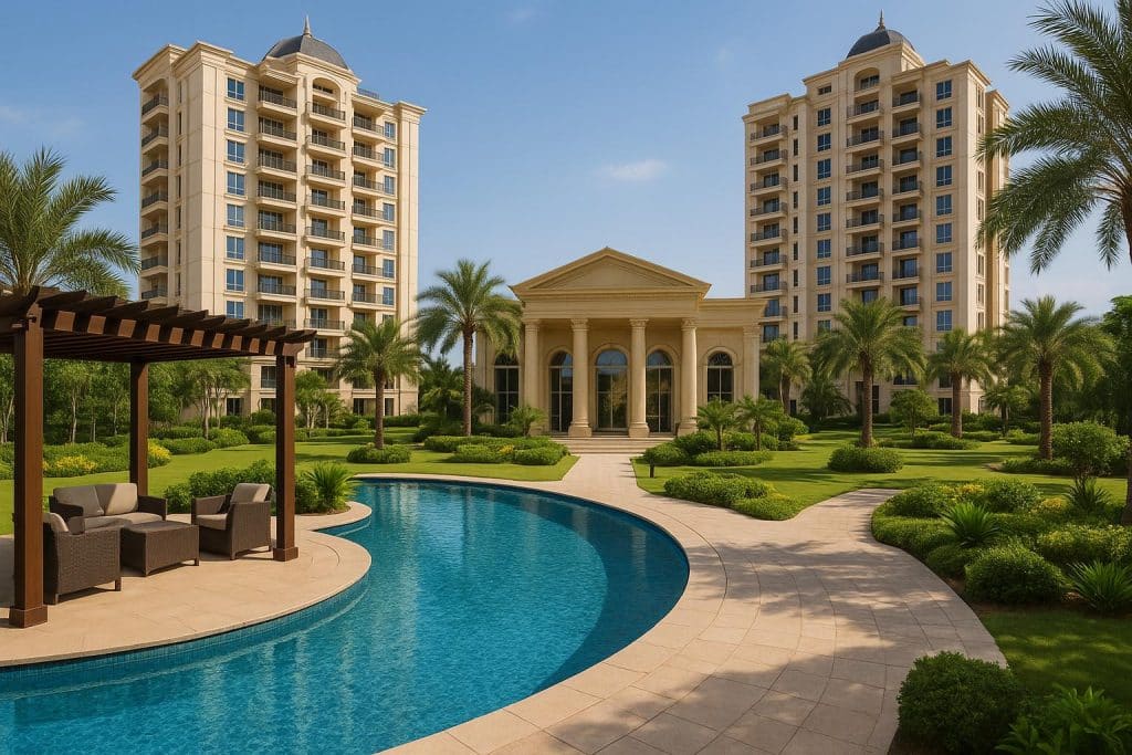Chennai luxury apartment with modern amenities, swimming pool, and landscaped garden
