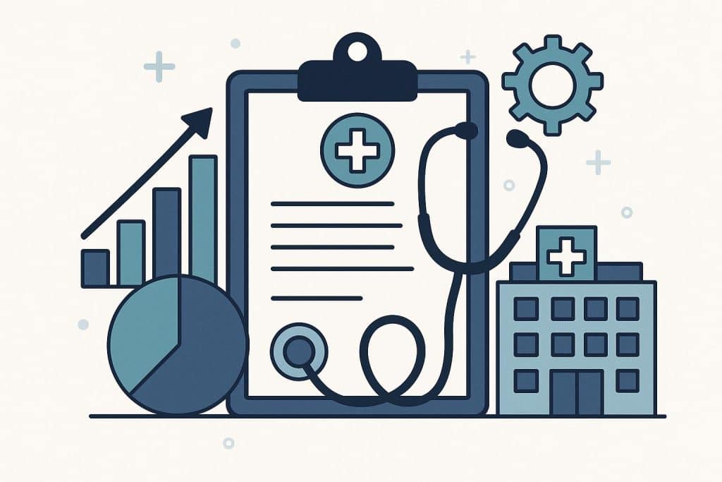 Healthcare management concept with medical symbols, charts, and stethoscope on a desk