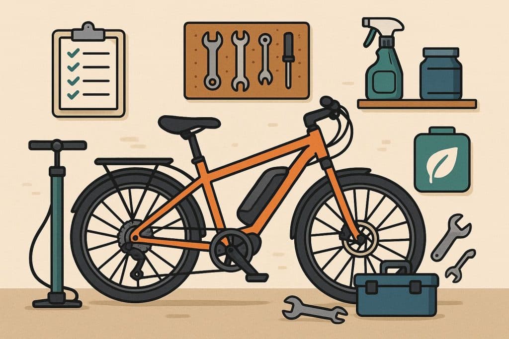 Electric bike maintenance supplies neatly arranged for a practical eBike care and longevity routine