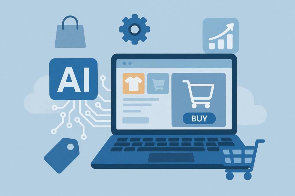Artificial intelligence icons optimizing online shopping cart for e-commerce business growth
