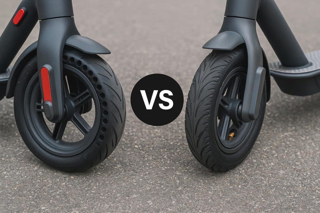 Electric scooter with solid tire and pneumatic tire side by side for comparison
