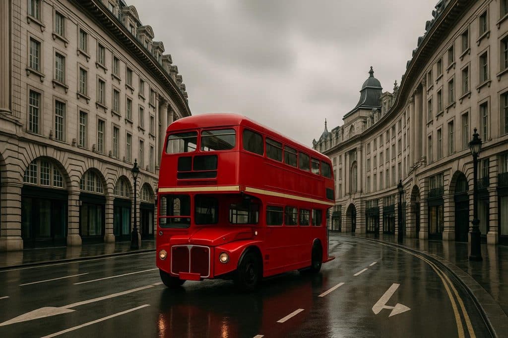 Red double-decker bus driving on a London street with urban buildings in the background