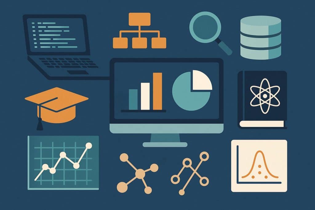 Data science bootcamp concept with coding screen, data charts, and learning materials