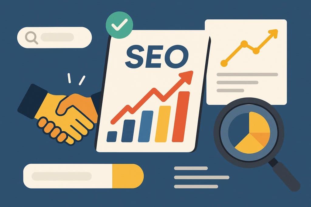 SEO agency partnership strategy concept with analytics dashboard and upward graph illustration