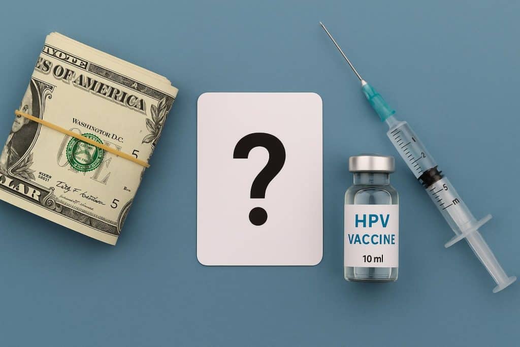 HPV vaccine vial and syringe on clinic table, representing cost and adult vaccination options