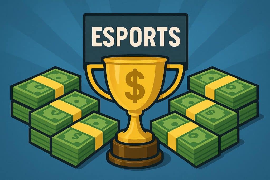Top esports players celebrating major tournament victories with championship trophies and prize checks